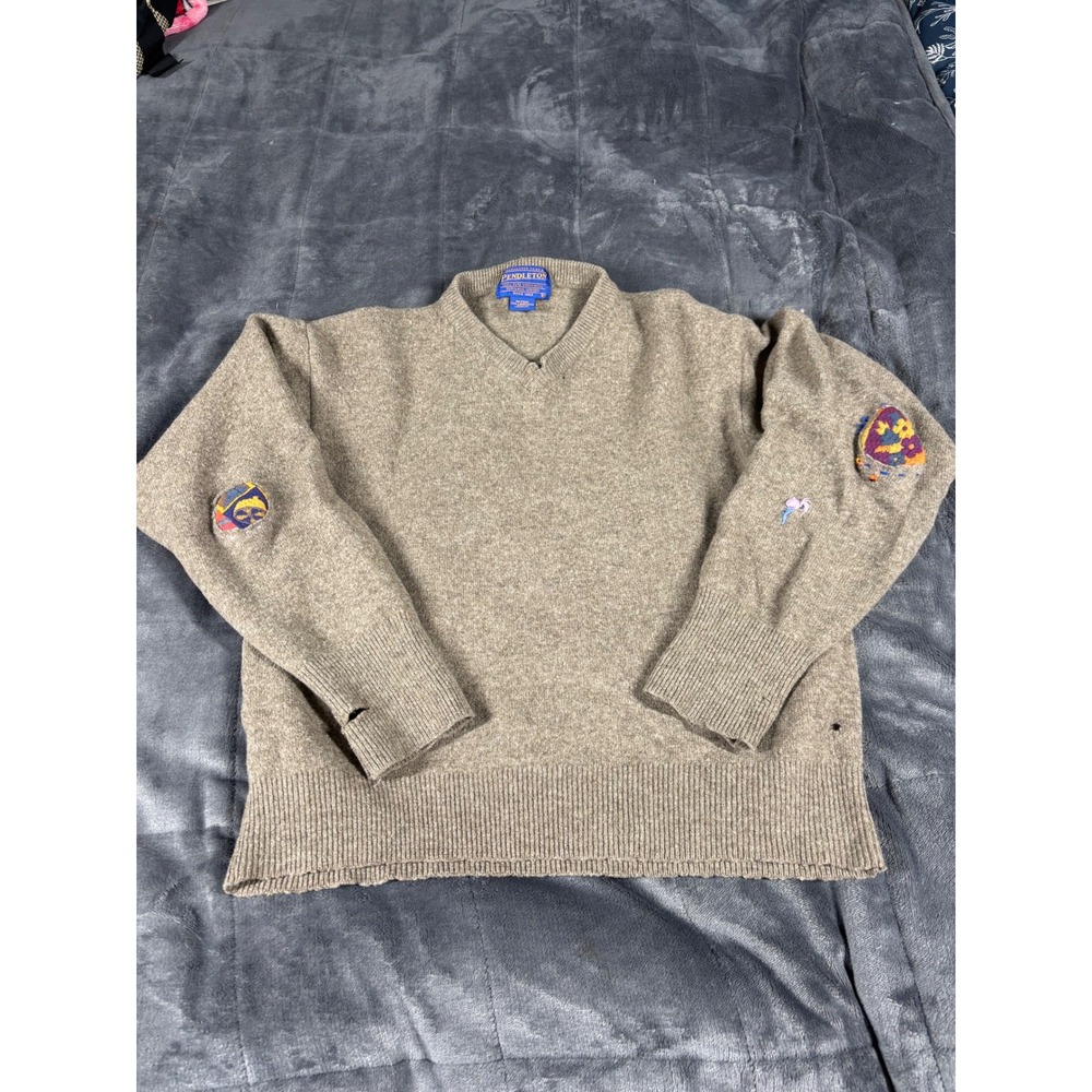 Pendleton Vintage Mens Lambswool V-Neck Sweater Brown Distressed Medium Upcycled